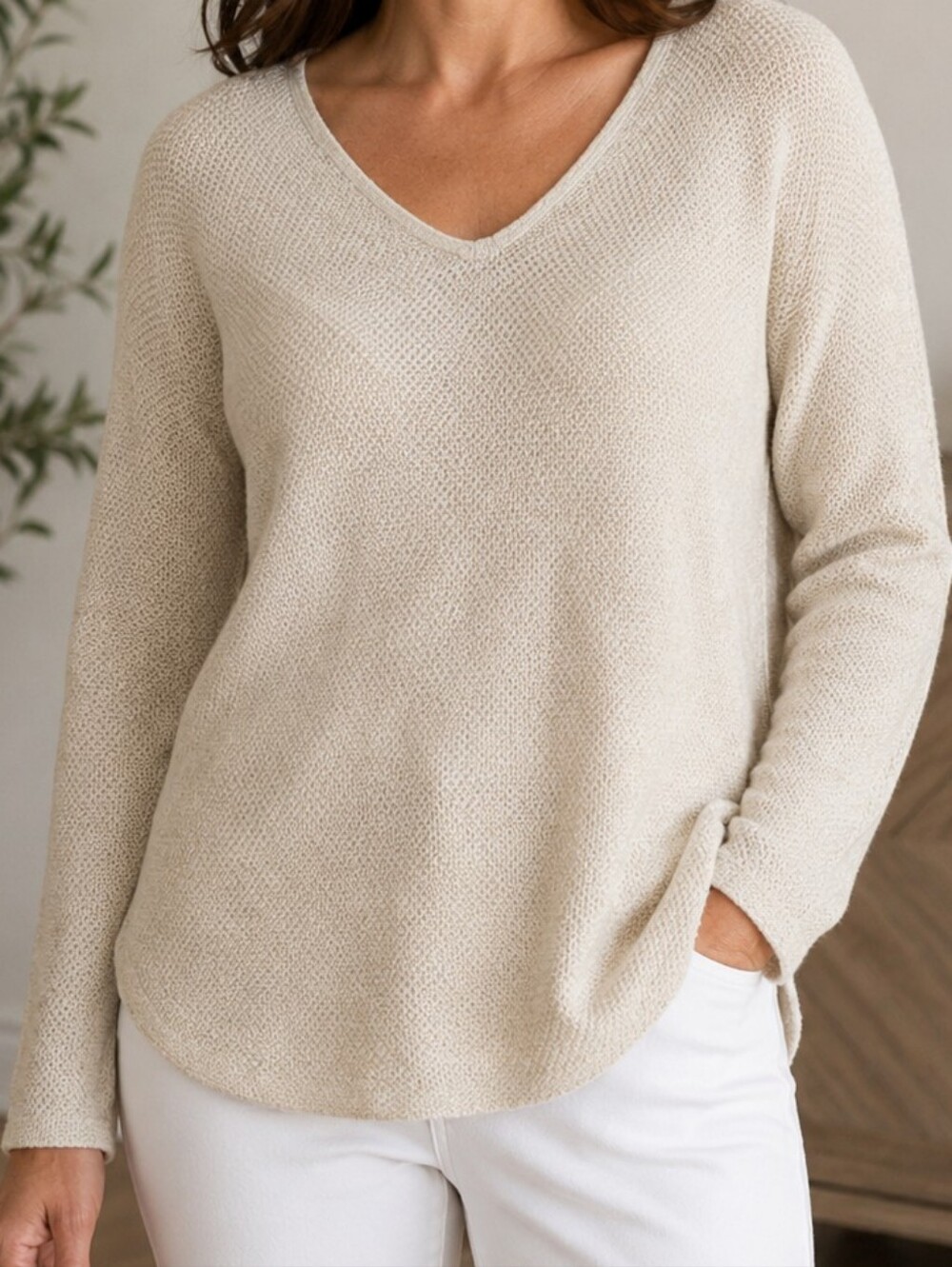 J.Jill Textured Cotton Blend V-Neck Sweater | Women’s Cream V-Neck Knit Sweater